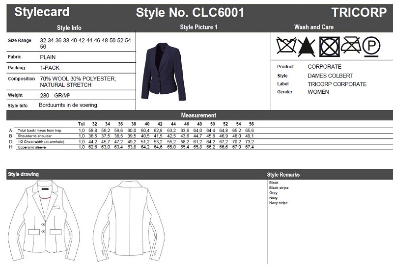 Maattabel voor Dames Colbert Tricorp CLC6001